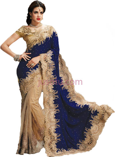 宝莱坞,bollywood style model velvet and net saree in blue fashion PNG