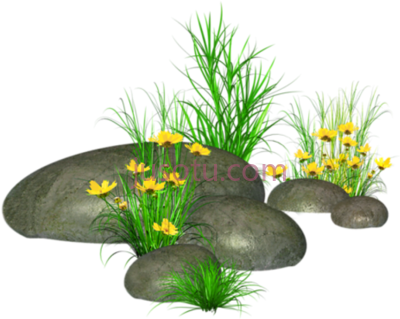 草黄花石,stones grass and yellow flowers rocks PNG